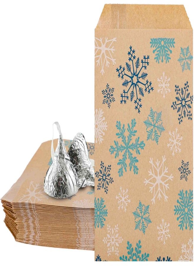 Whaline 100 Pack Winter Christmas Treat Bags Blue White Snowflakes Prints Goodies Snack Gift Bag Christmas Kraft Candy Buffet Paper Bags for Xmas Winter Holiday Party Favor Supplies, 5 x 7Inch - Image 1